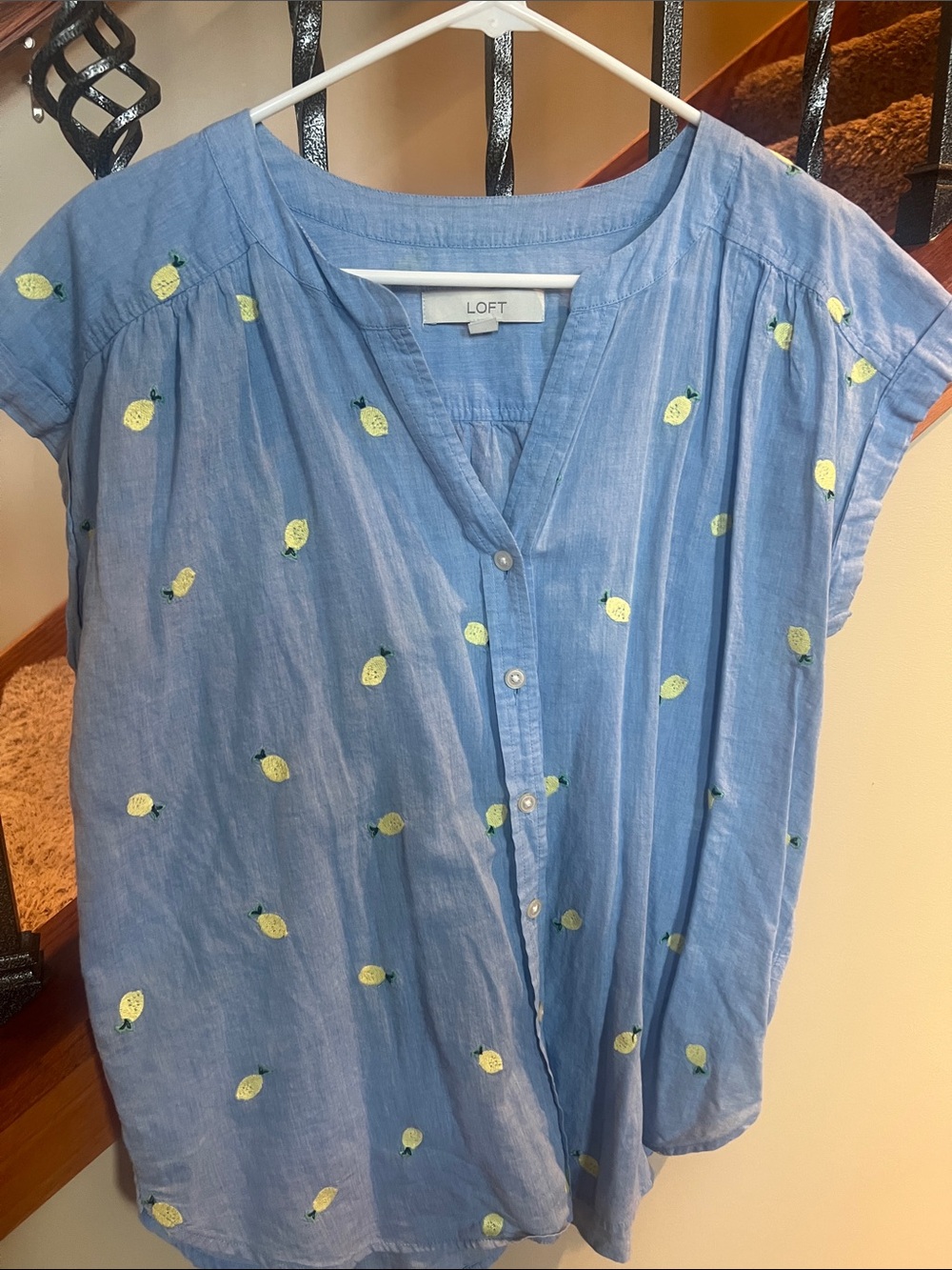 LOFT Light Blue Lemon-Embroidered Button Front Blouse